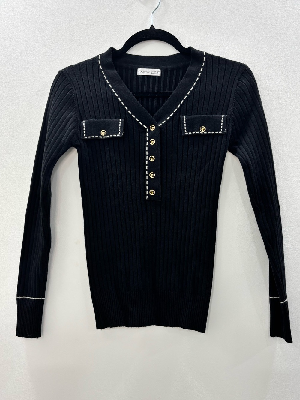 Lavidence Preppy Ribbed Knit Henley Sweater Black Gold Buttons Size Large